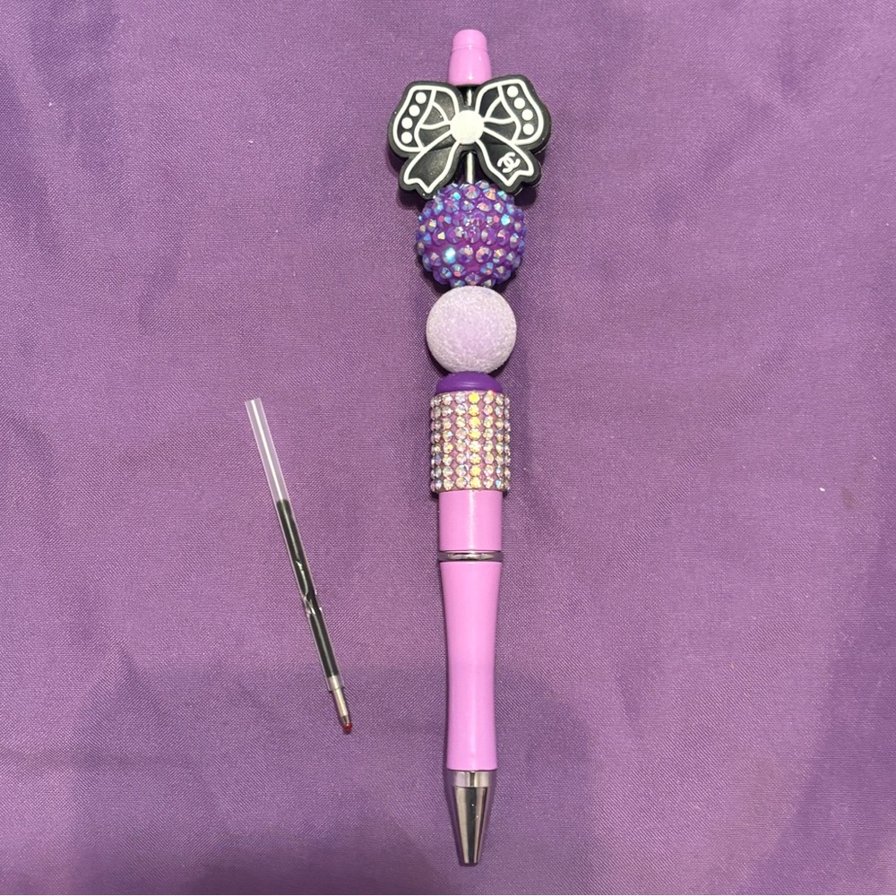 New Handmade Bling/Rhinestone Pen with Black & White Bow Design, Purple